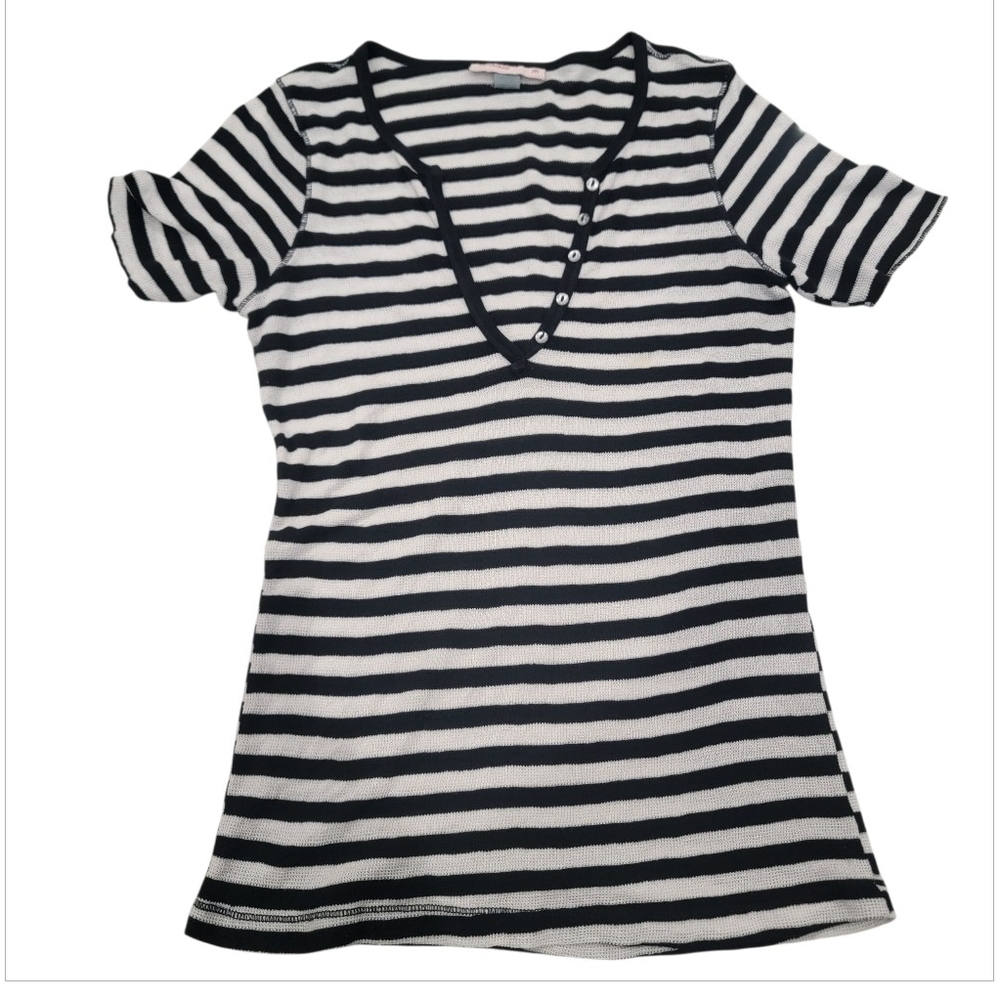 Sparkle Pima Blend Waffle Knit Black and White Striped Short Sleeve Top Size M